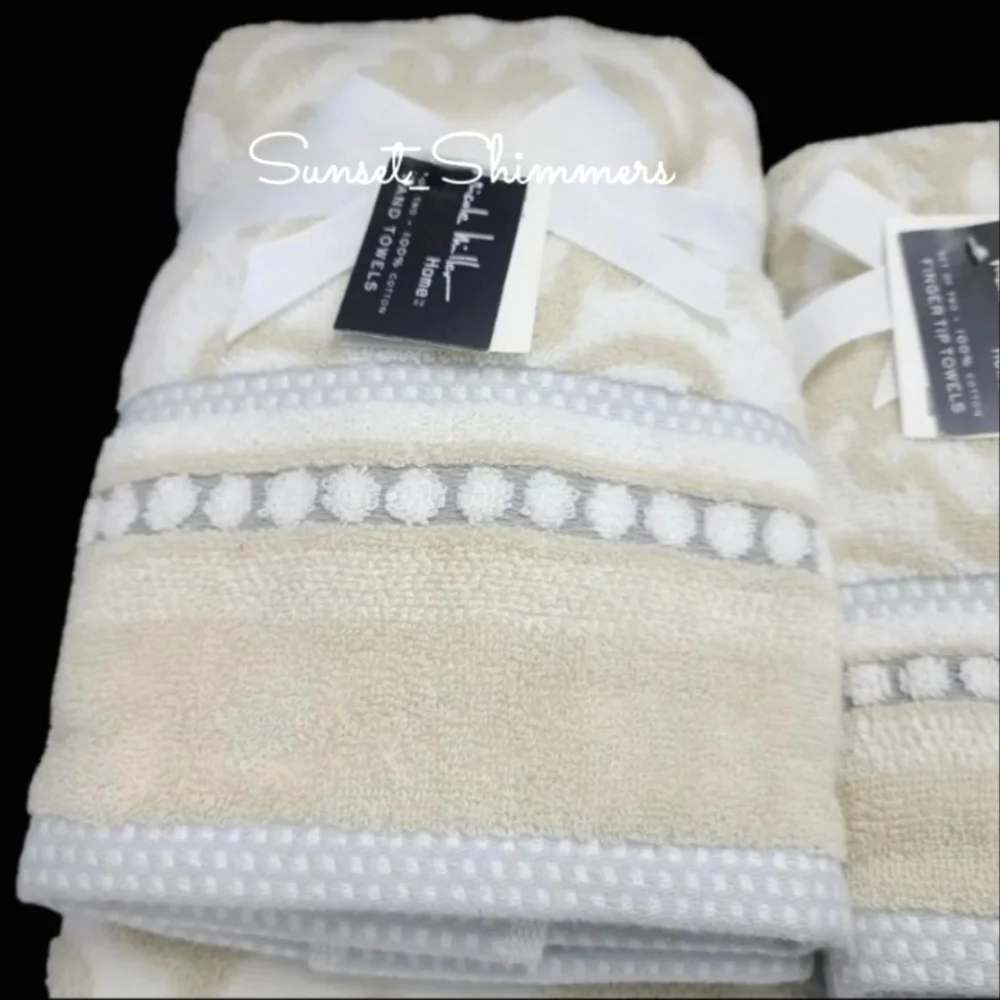 Nicole Miller 6pc Plush Damask Bath Hand Tip Towel Set Tan Gray White Cotton NEW